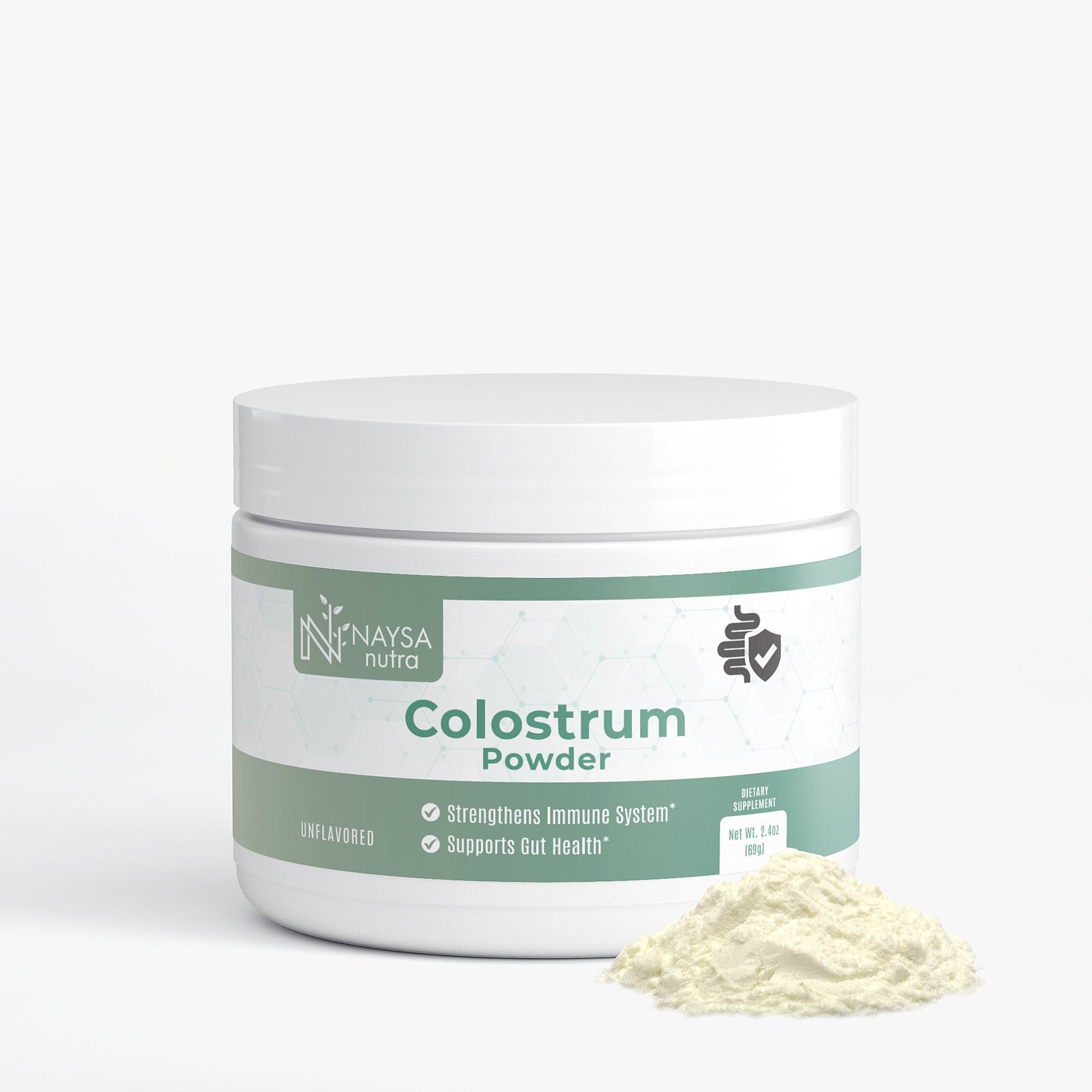 Naysa Nutra Colostrum Powder container with powder on a white background