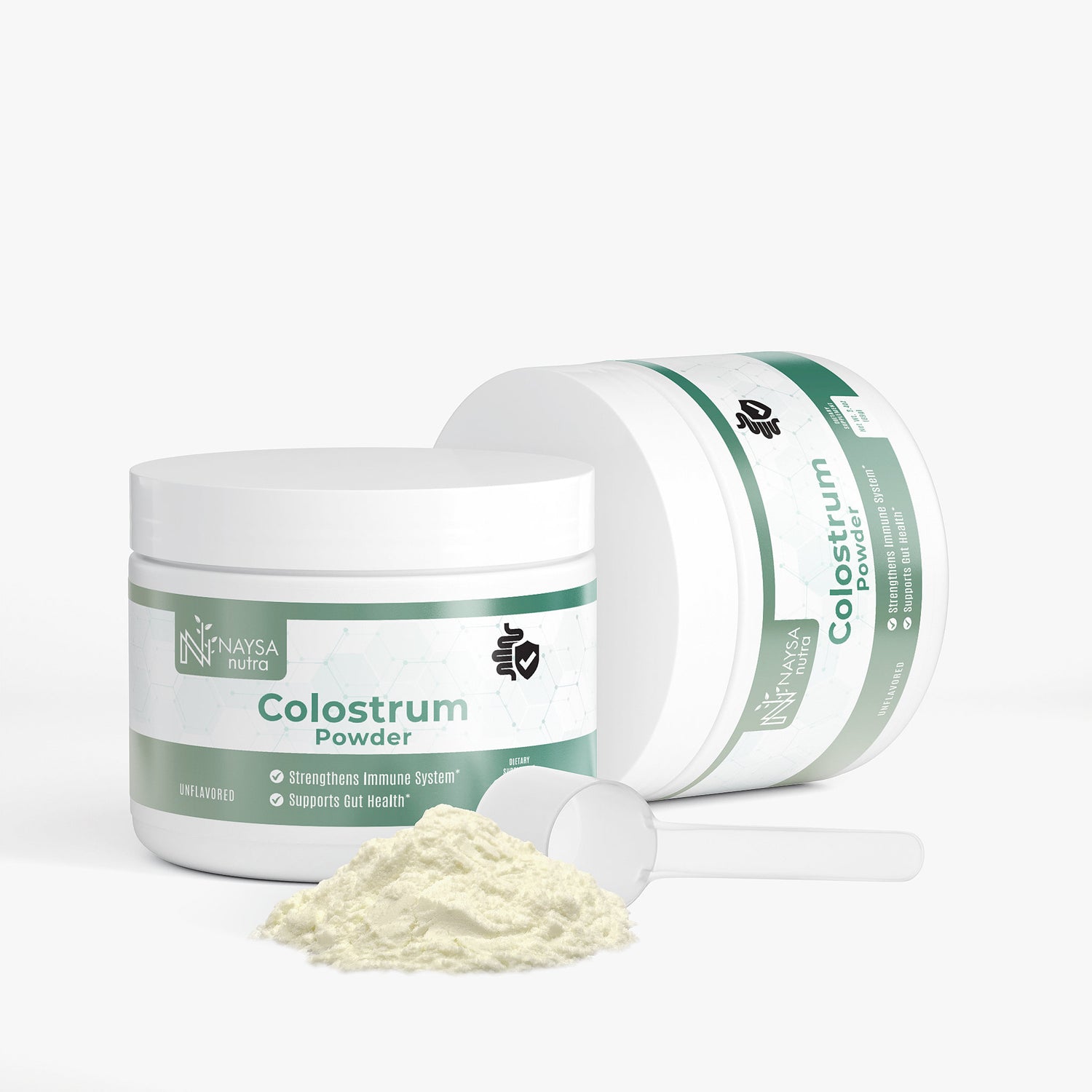 Two containers of naysa nutra Colostrum Powder with a scoop of powder on a white background.
