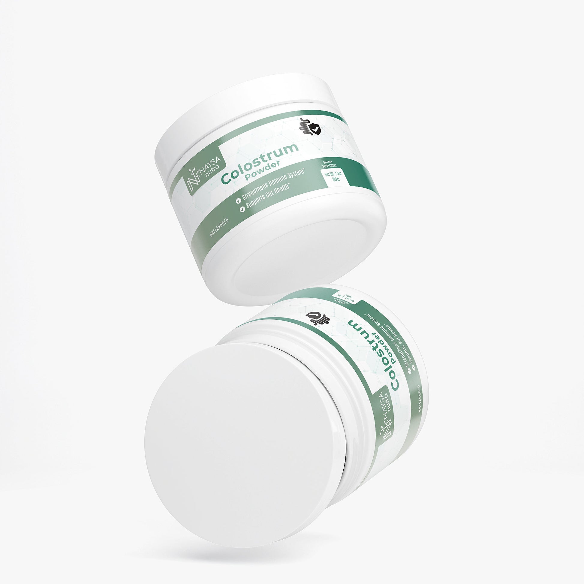 Two containers of colostrum powder on a white background