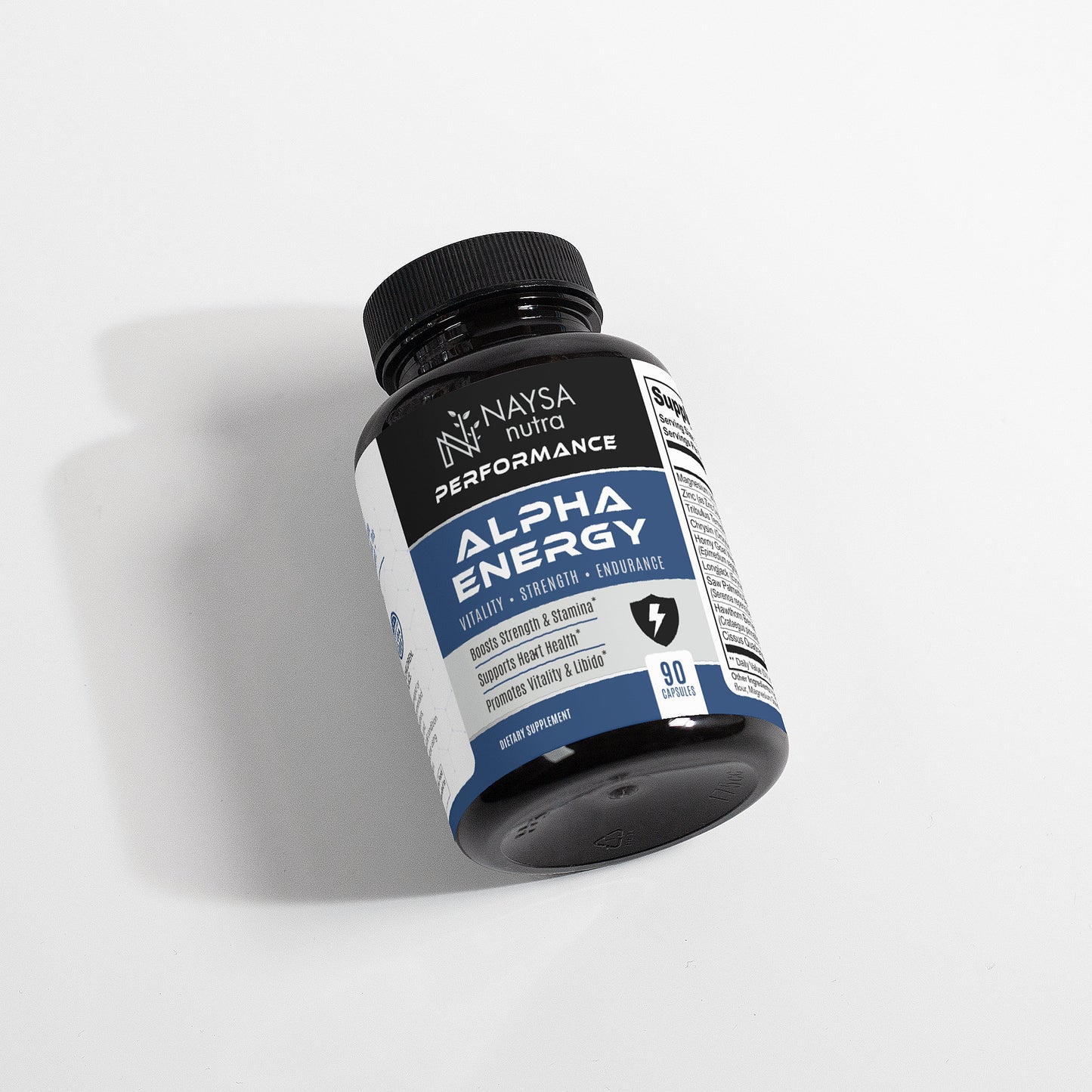 Naysa Nutra Alpha Energy supplement bottle on a light gray background