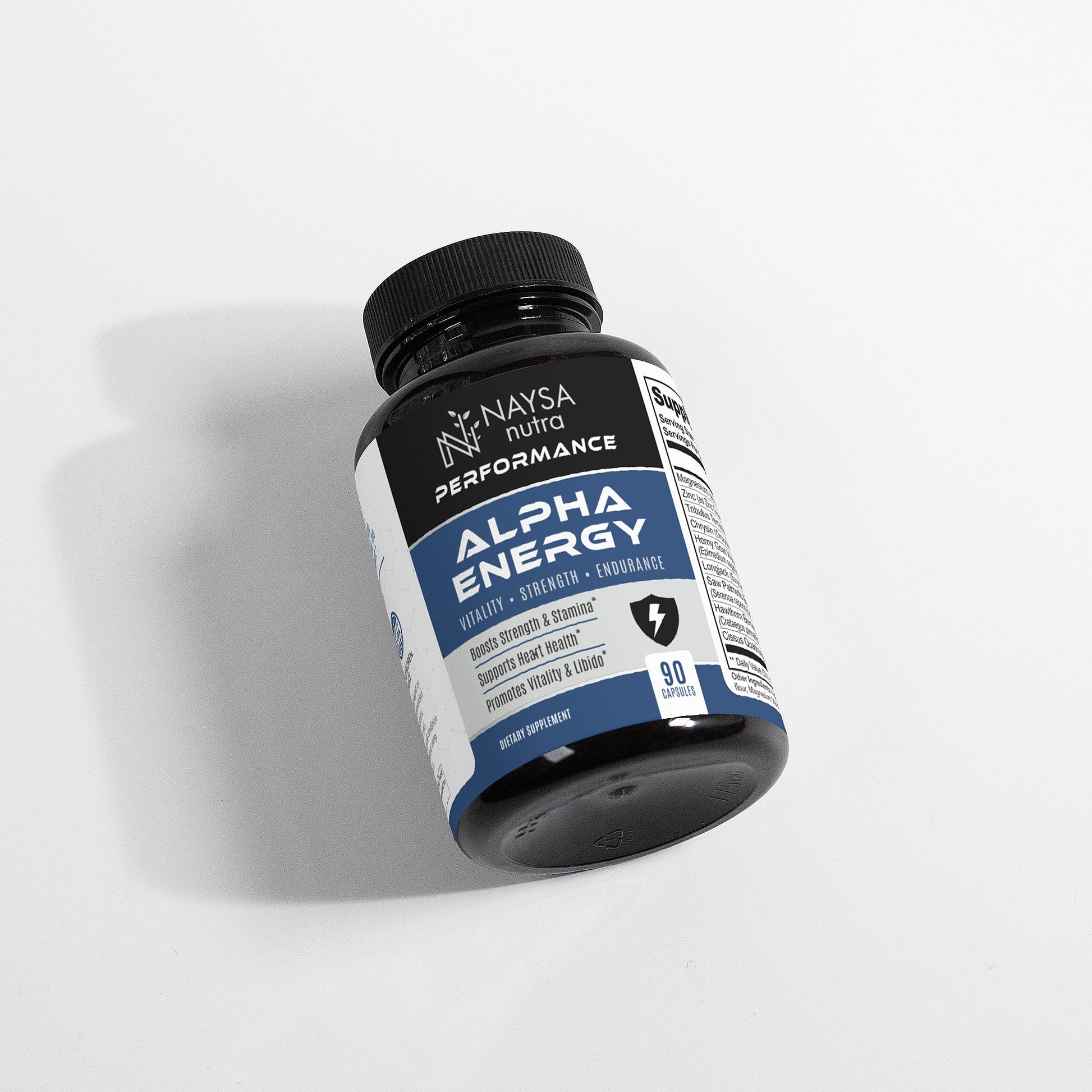 Naysa Nutra Alpha Energy supplement bottle on a light gray background