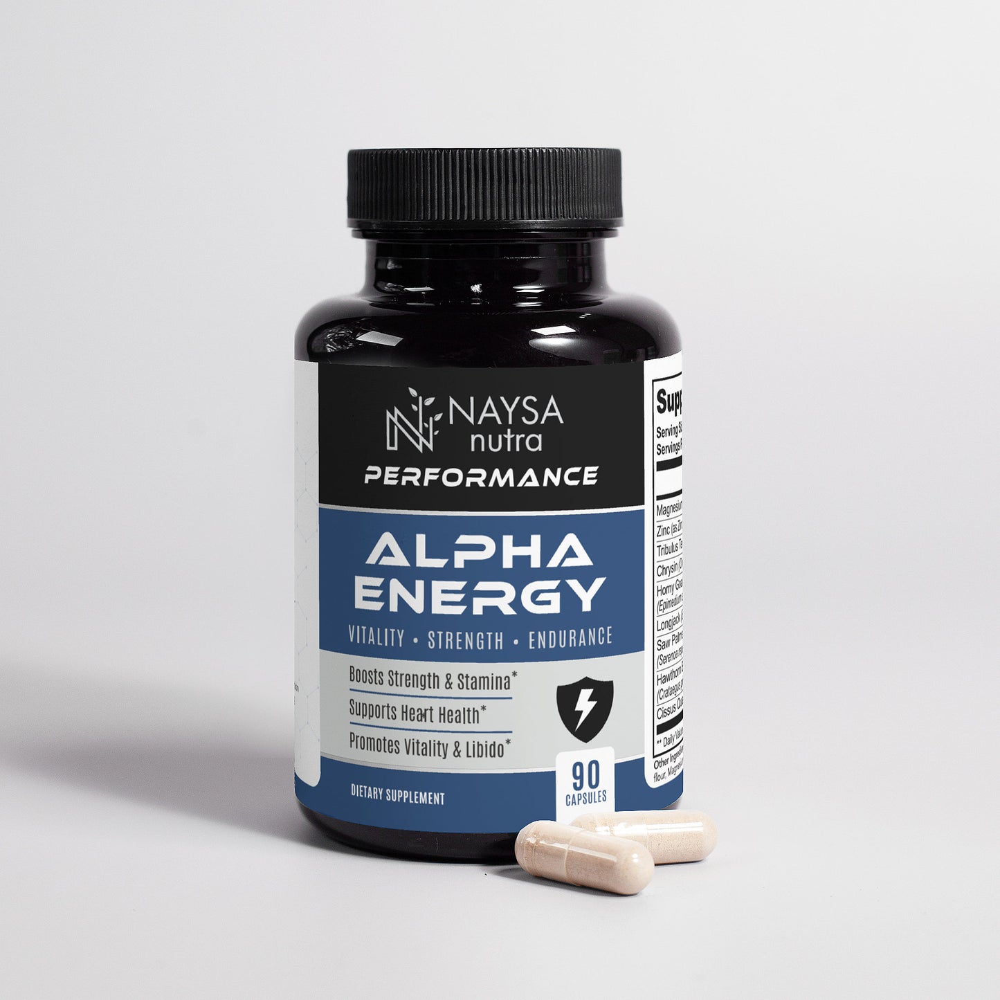 Naysa Nutra Alpha Energy supplement bottle with capsules on a light gray background