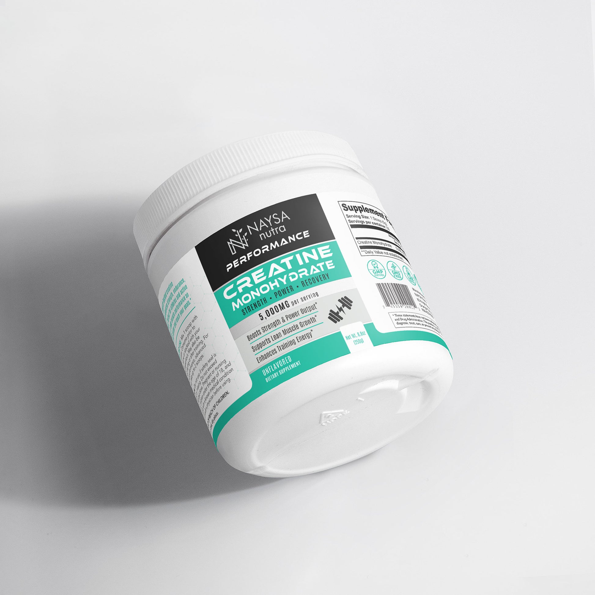 creatine container with label on a light gray background