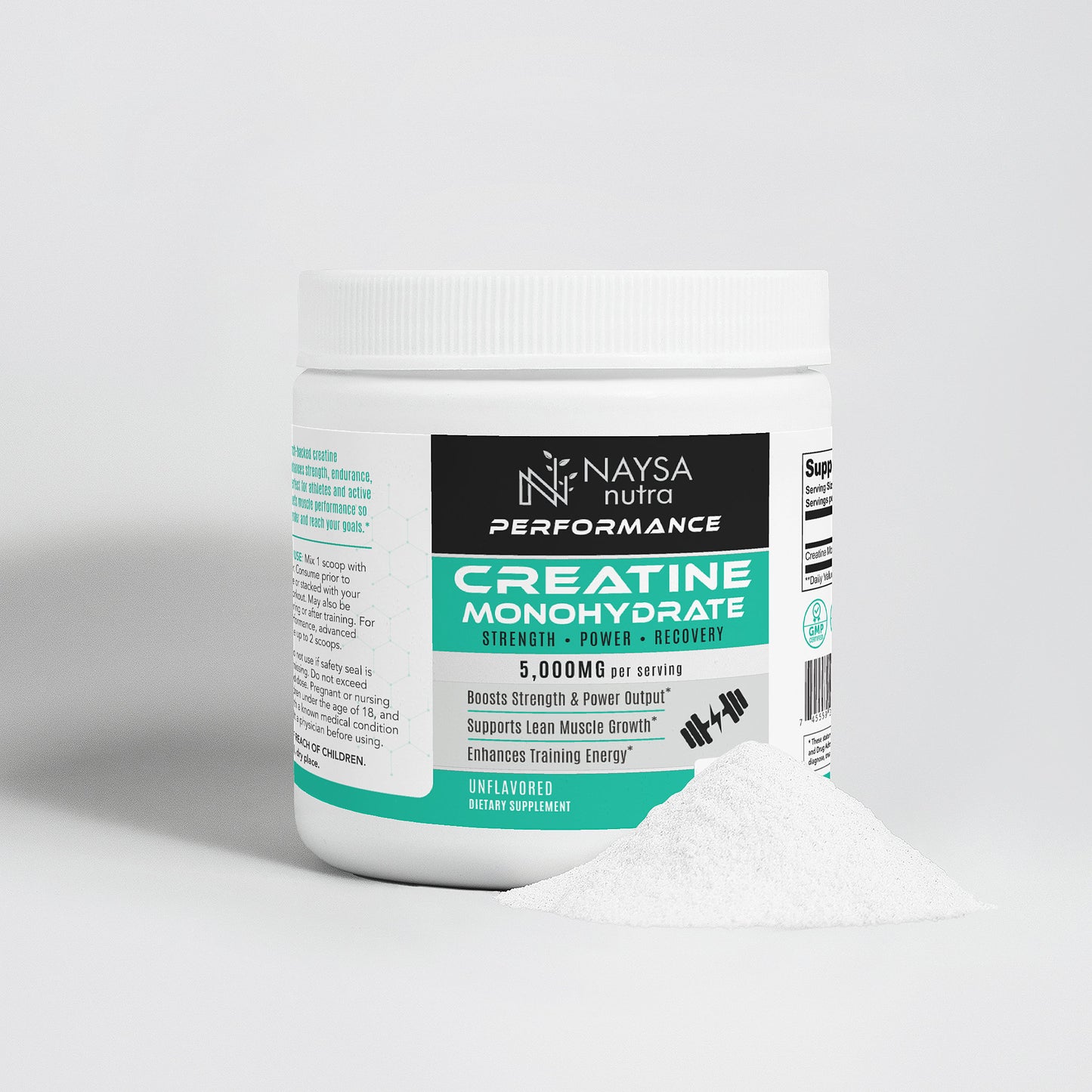 Naysa Performance Creatine Monohydrate supplement container on a white background