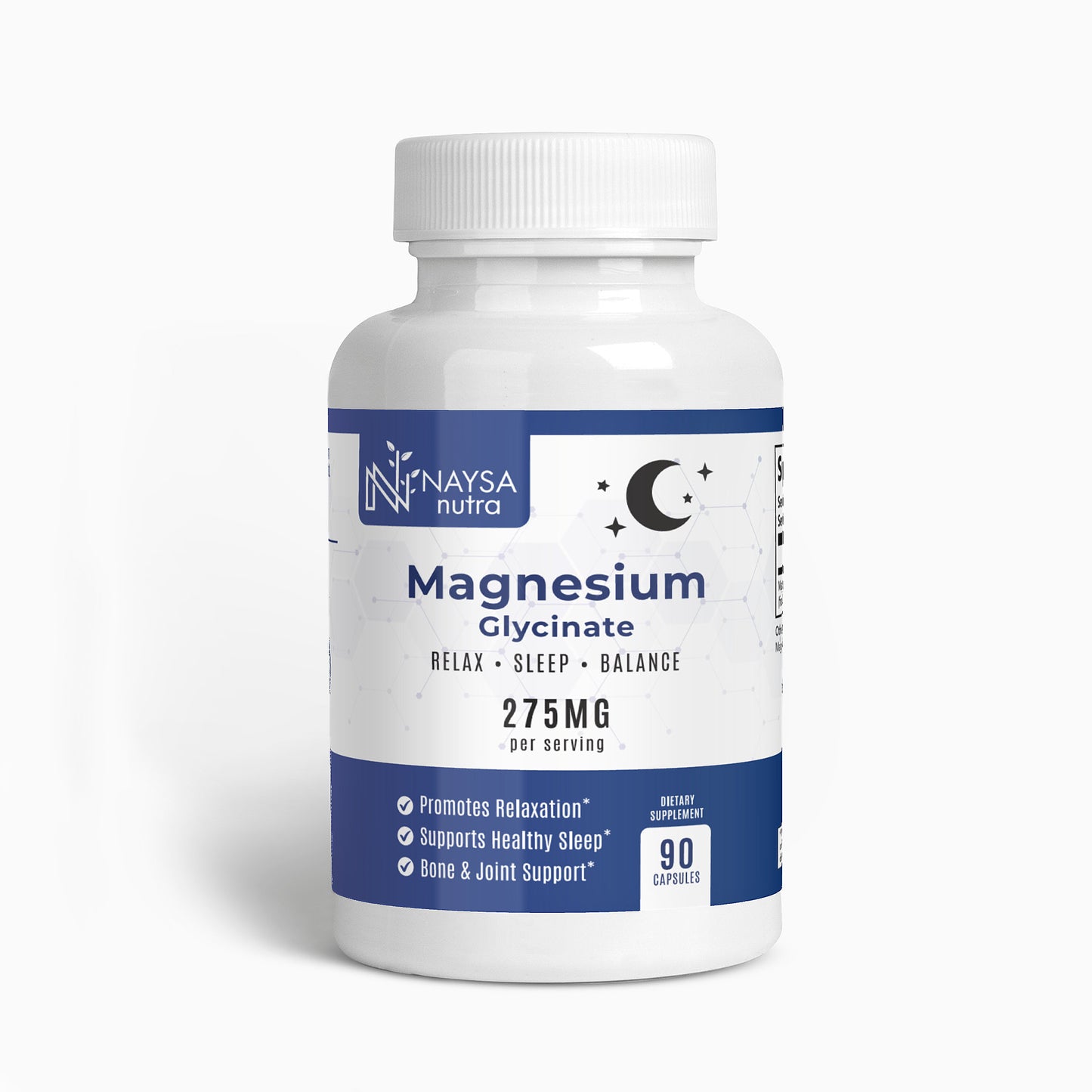 Bottle of Naysa Nutra Magnesium Glycinate supplement on a white background
