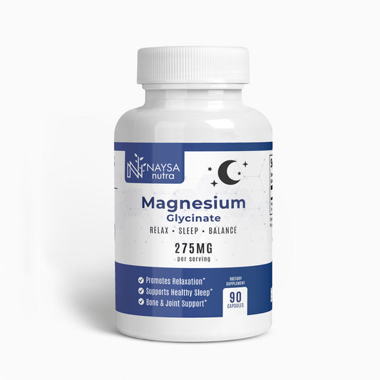 Bottle of Naysa Nutra Magnesium Glycinate supplement on a white background