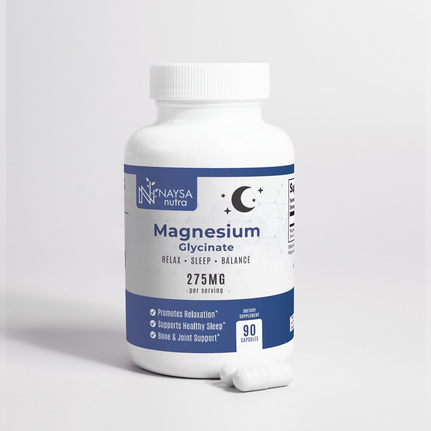 Bottle of Naya Nutra Magnesium Glycinate supplement on a white background
