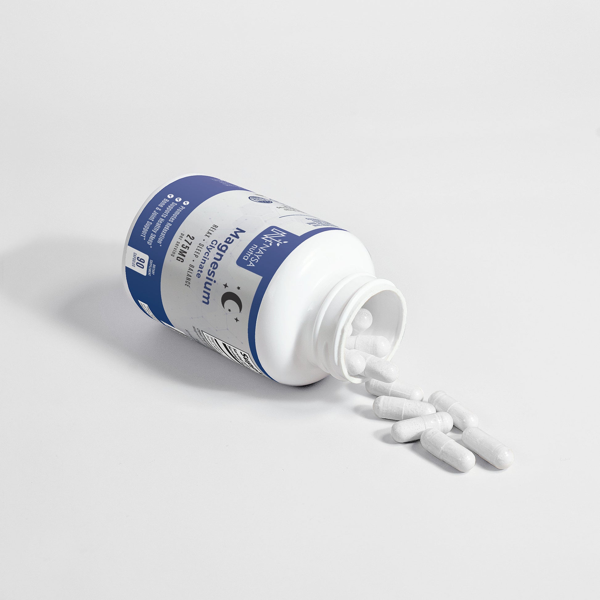 Container of magnesium glycinate with a white cap on a light gray background