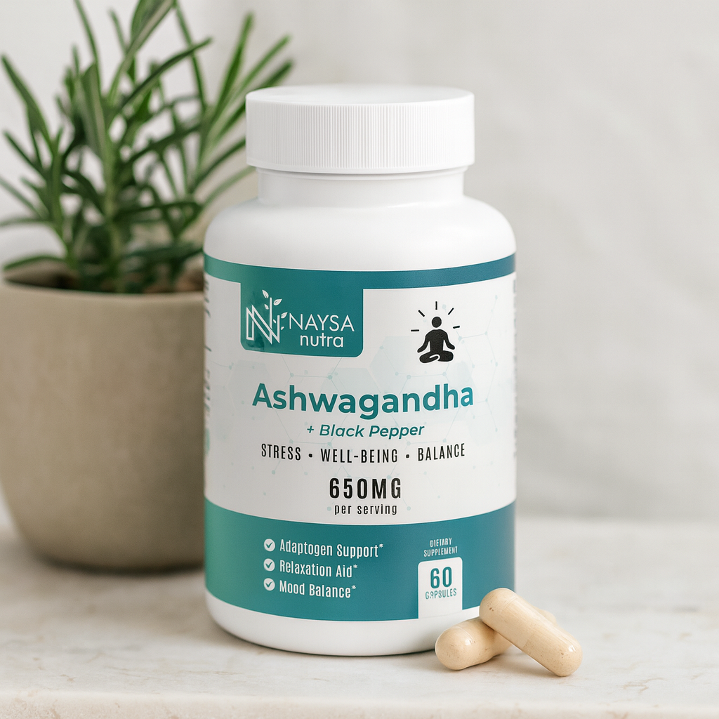 Naysa Nutra Ashwagandha supplement bottle with capsules on a neutral background